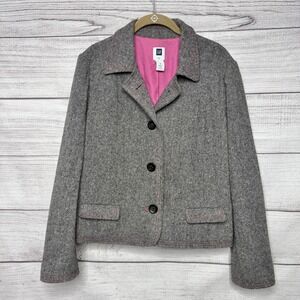 GAP Women's Tweed Wool Blend Blazer Pink Lining‎ Button Front Size 16
